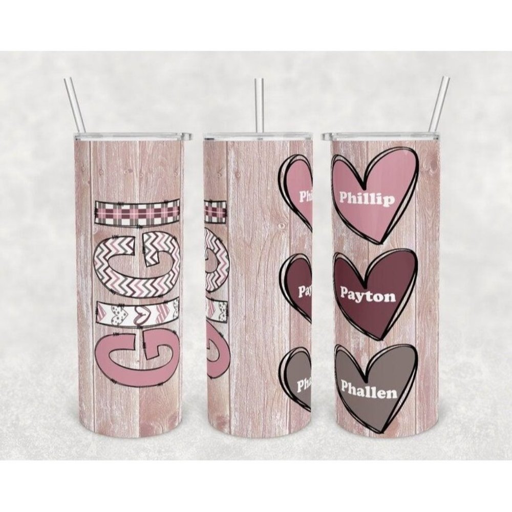 Personalized Gigi Hearts 20oz Skinny Tumbler Straw & Lid, Travel Mug Cup, Double
